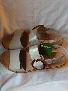 Remonte Metallic Silver and Beige Slingback Sandals with Buckle